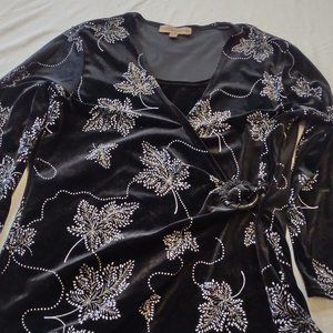 NOTATIONS BLACK SILVER  GLITTER SPARKLE LEAF PATTERN FORMAL SHORT SLEEVE TOP M